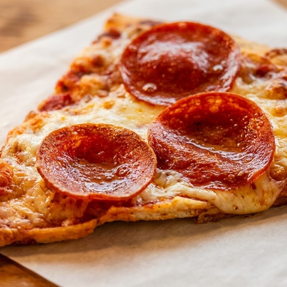 A single slice of pepperoni pizza with melted cheese on parchment paper.