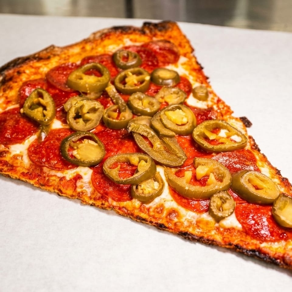 A single slice of pepperoni and jalapeño pizza on white parchment paper.