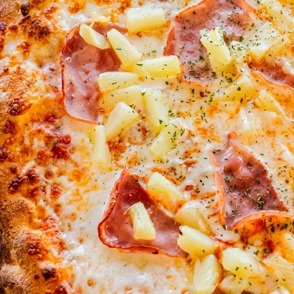 Close-up of a Hawaiian pizza with ham, pineapple, and melted cheese on a wooden table.