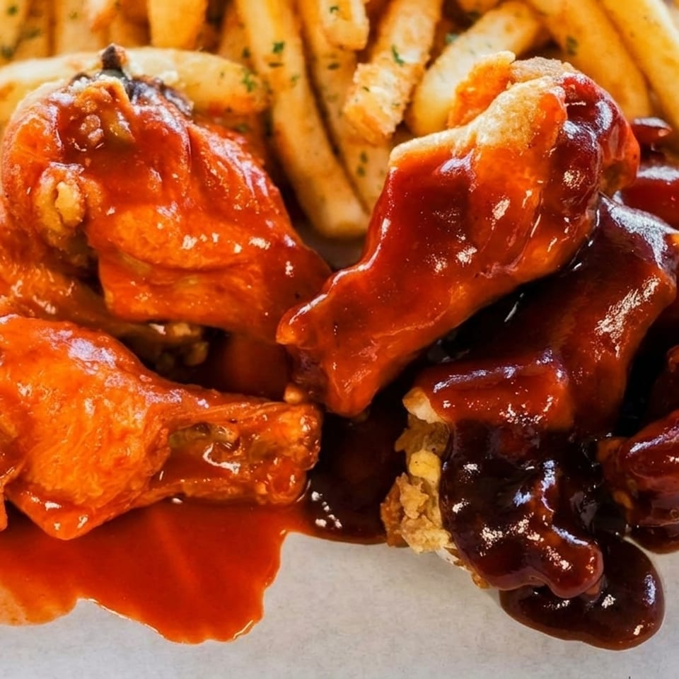 Chicken wings, some with red sauce and some with brown sauce, served with french fries.