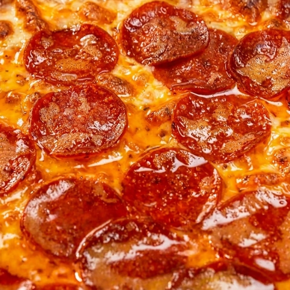 Close-up of a pepperoni pizza with melted cheese and glistening pepperoni slices.