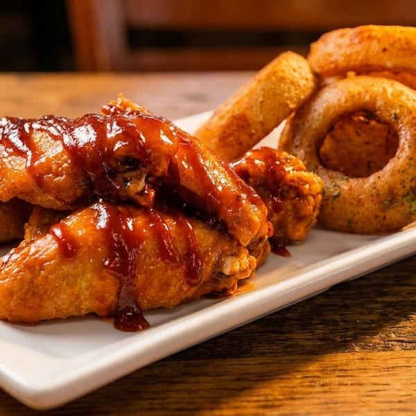 BBQ chicken wings and onion rings with dipping sauce on a white rectangular plate.