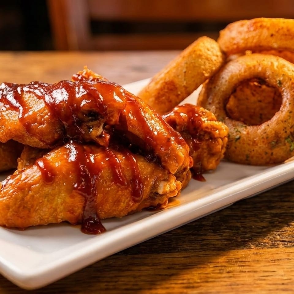 BBQ chicken wings and onion rings with dipping sauce on a white rectangular plate.