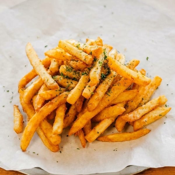 A pile of golden french fries seasoned with herbs on white parchment paper and a metal tray.