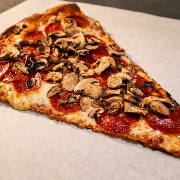 A large slice of pepperoni and mushroom pizza on white parchment paper.