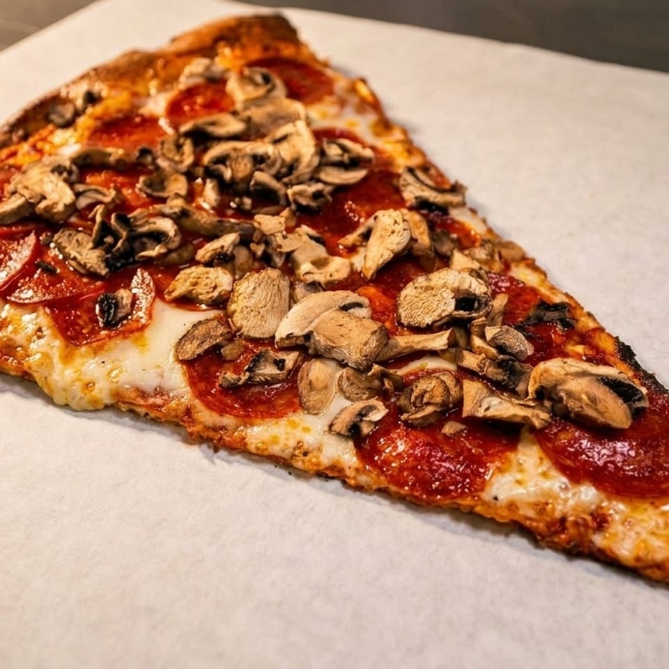 A large slice of pepperoni and mushroom pizza on white parchment paper.