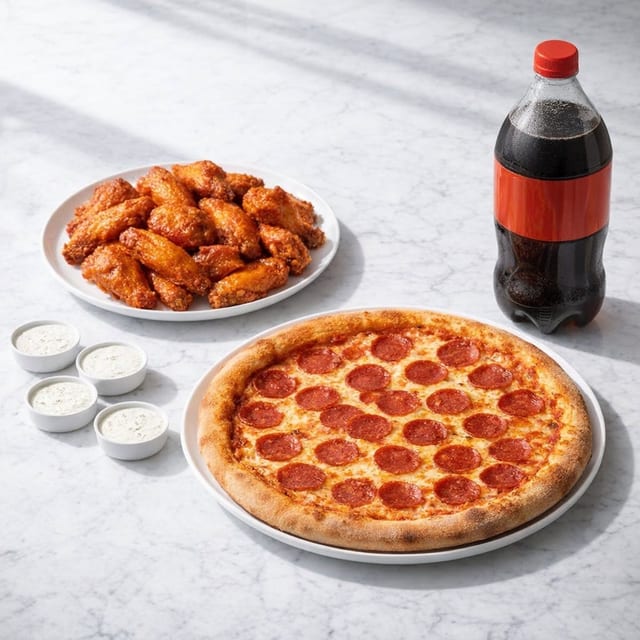Wing Special (20 Chicken Wings and Large Pepperoni Pizza, 2 Liter Soda and Includes 4 Ranches.).