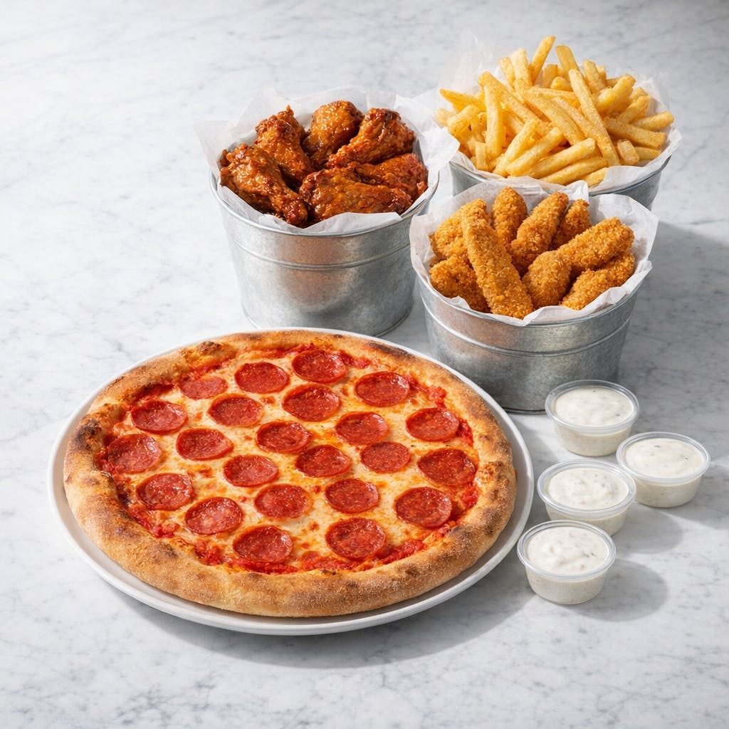 Couch Potato Special (16" Pepperoni, 1/2 Bucket Wings, 1/2 Bucket Fingers, Fries and 4 Ranches).