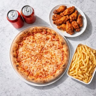 Family Pizza Night (1 Large Cheese Pizza, 10 Chicken Wings Side Of French Fries 2 Liter Soda)
