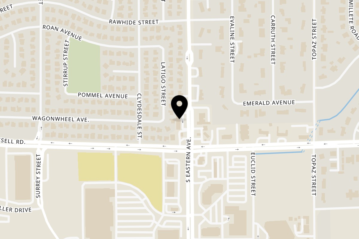 Map showing the location of Sofia's Pizza on 5645 S Eastern Ave unit 7 in Las Vegas